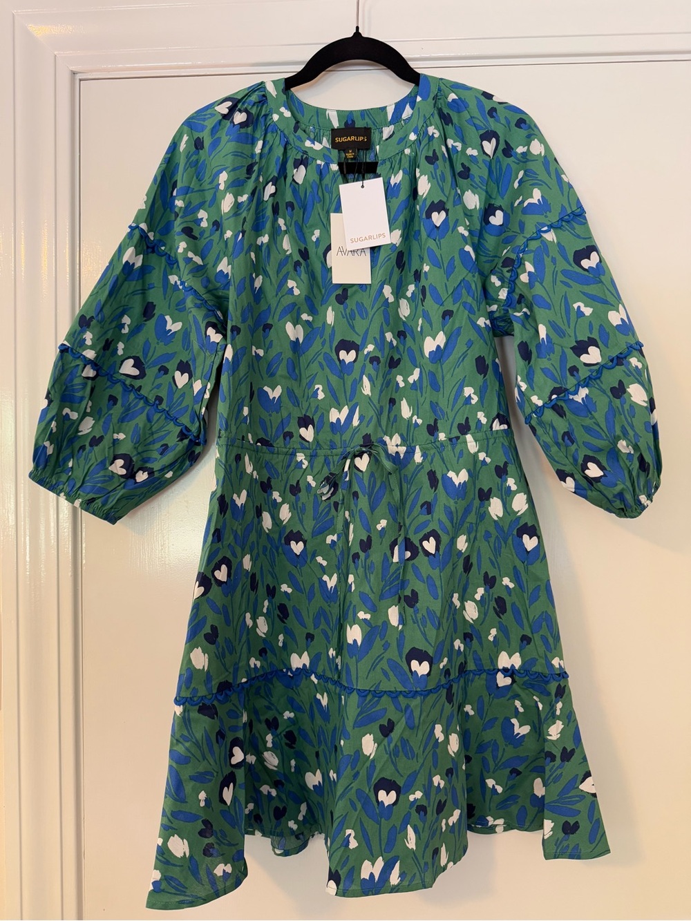 Sugarlips Blue and Green Floral Puff-Sleeve Tiered Dress